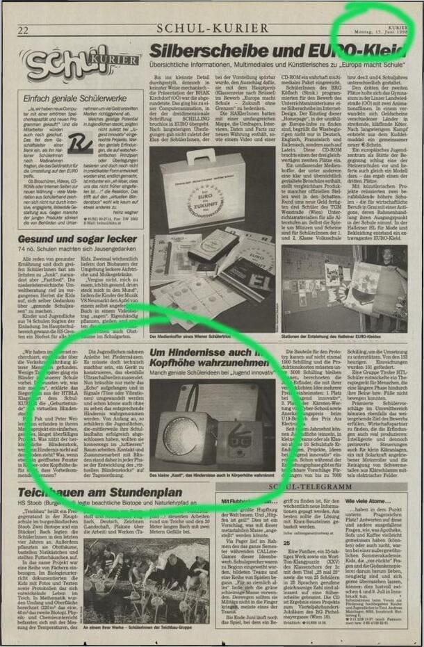 Seite aus Schul-KURIER, Juni 1998 über damalige Jugend-Innovativ-Finalprojekte, unter anderem den 