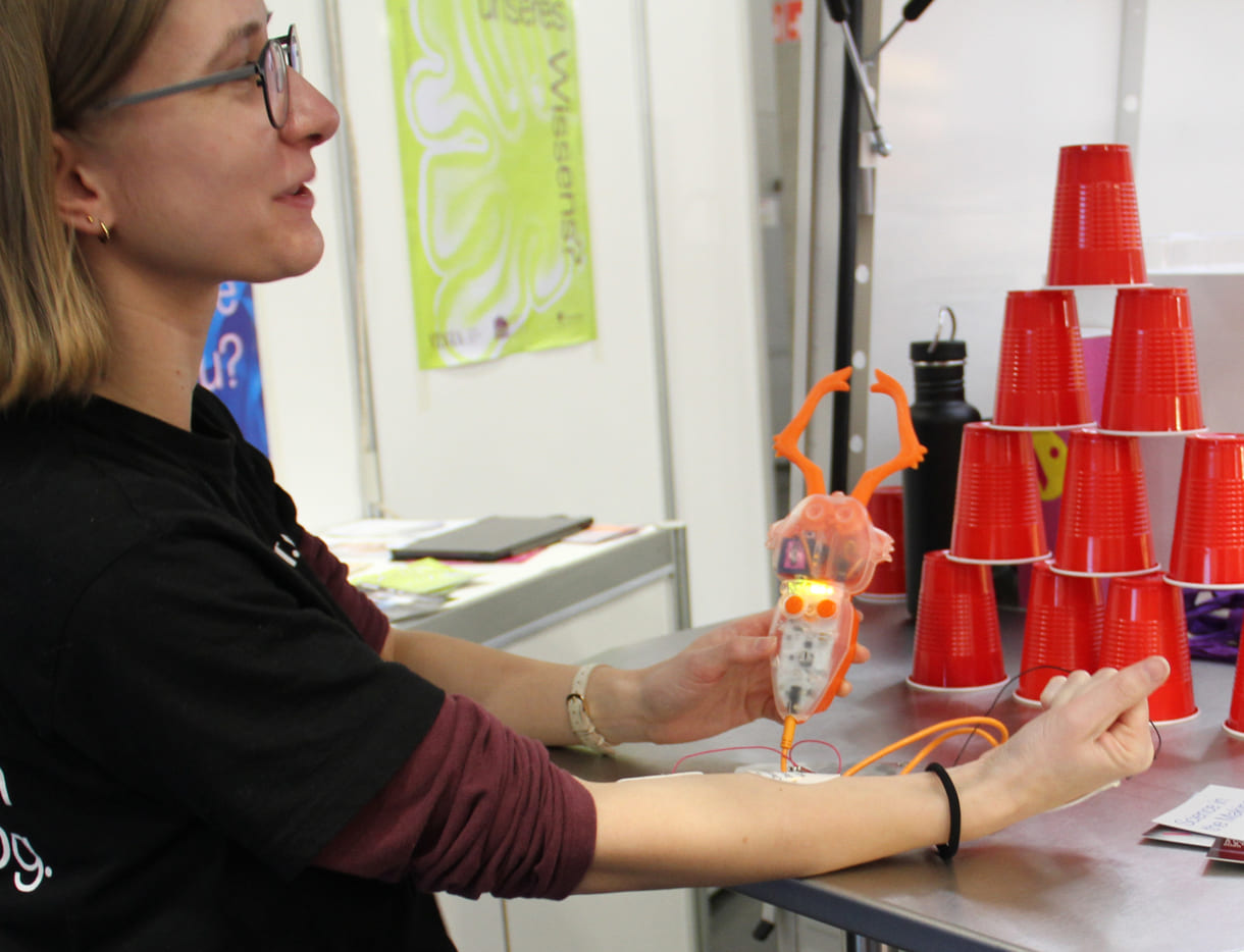 Über die Unterarm-Muskeln werden die Zangen des Kunststoff-Krebses geschlossen und geöffnet