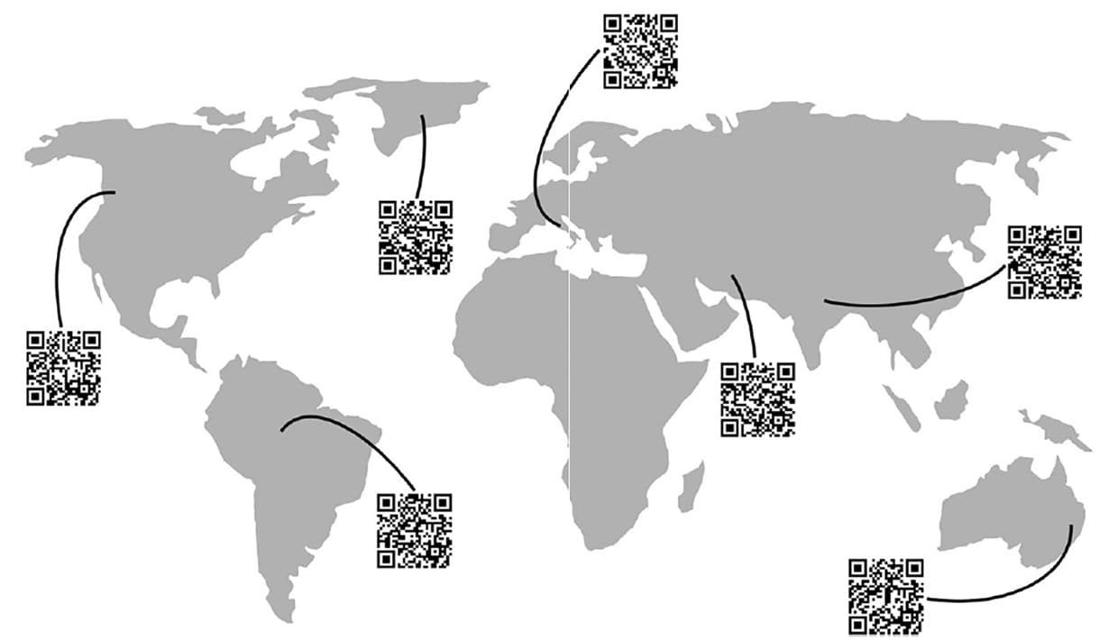 Weltkarte - die QR-codes führen zu den jeweiligen Texten