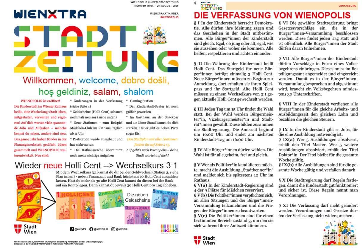 Titelseite und Seite 4 - mit der Verfassung der Kinderstadt