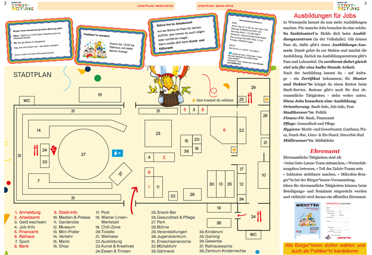 Die Seiten 2 und 3 der Willkommens-Zeitung der Kinderstadt mit Plan und weiteren Infos