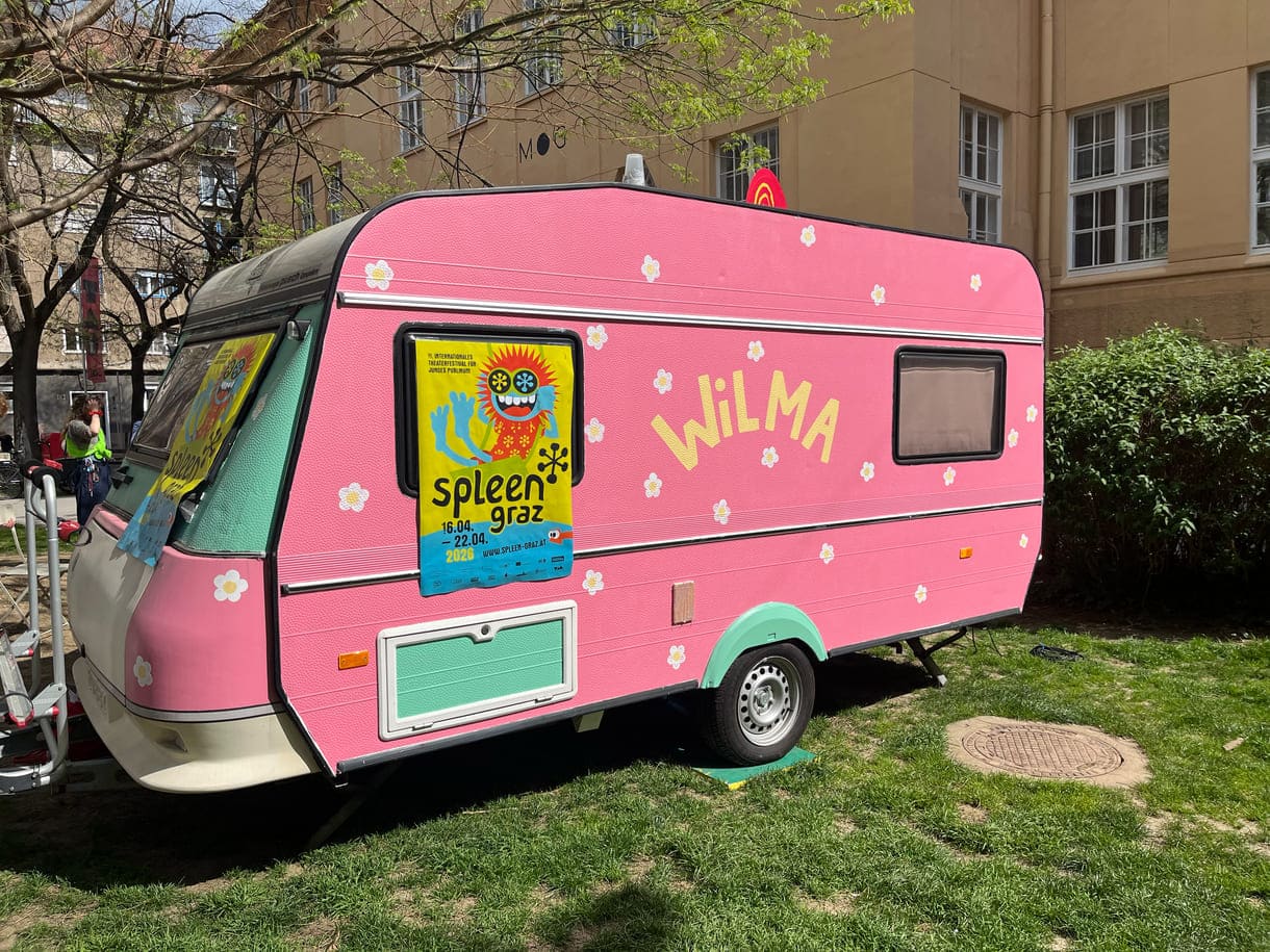 (Radio-)Wohnwagen Wilma vor dem taO!, dem Theater am Grazer Ortweinplatz